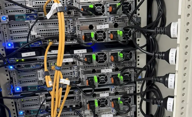 Parte trasera de un rack con el cableado de red y de alimentación ordenado y etiquetado